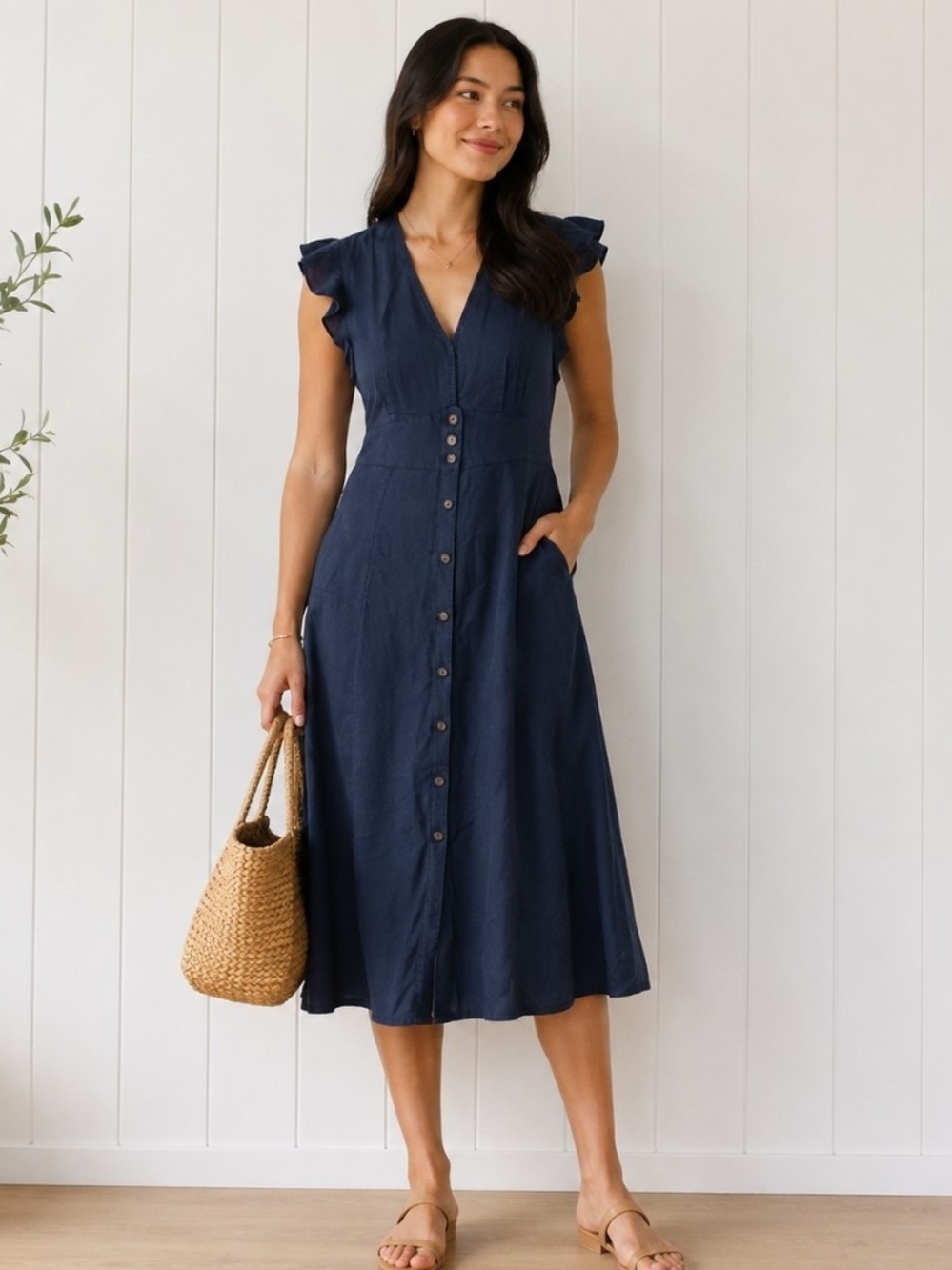 Quince Tencel Button Front Midi Dress XL Blue Ruffle Sleeve Cottagecore